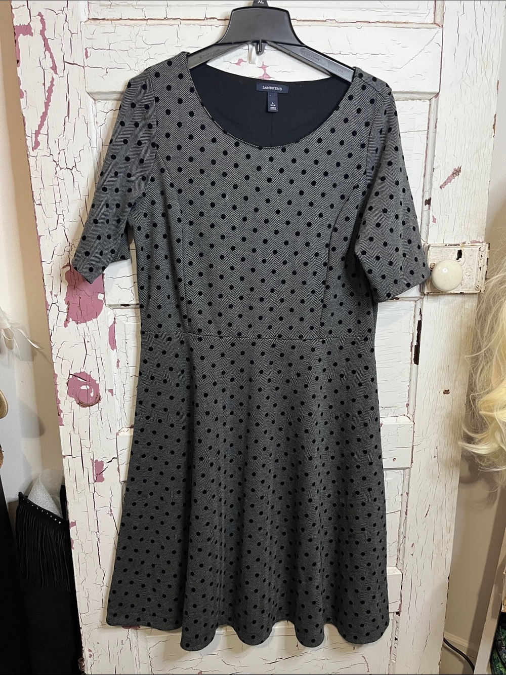 Lands' End Gray Polka Dot Midi Dress in Sz 14-16 pull over style unlined